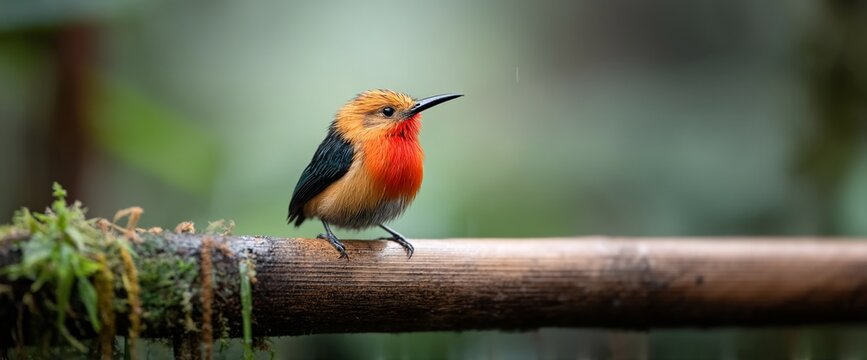 Vibrant tiny bird perches on mossy branch, with bright orange head, red throat, and dark wings
