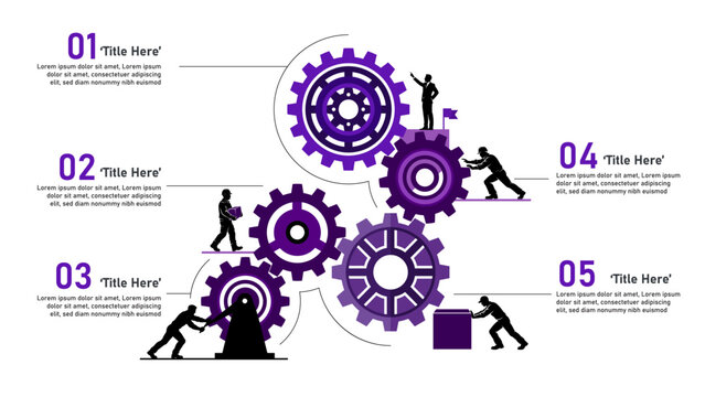teamwork gears infographic with purple and black silhouettes