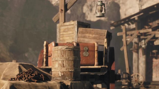 A wooden cart and barrel rest near a mining site. The scene shows tools and a rope on the ground. Sunlight shines on the rustic setting in the background.