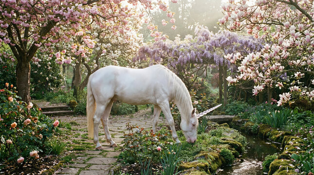 Magical white unicorn grazing in a lush enchanted garden filled with blooming cherry blossoms, magnolias, and wisteria, ethereal morning light in a fantasy landscape