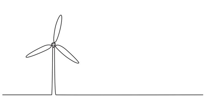 Animated self drawing of Continuous one line drawing of wind turbines eco energy. simple wind turbines outline vector illustration, Wind alternative energy. Hilly terrain with generating.