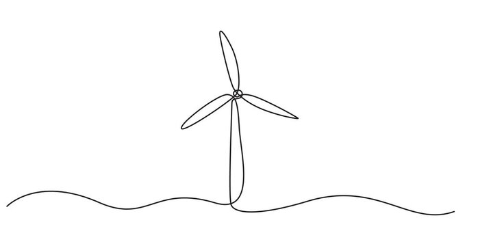 Animated self drawing of Continuous one line drawing of wind turbines eco energy. simple wind turbines outline vector illustration, Wind alternative energy. Hilly terrain with generating.