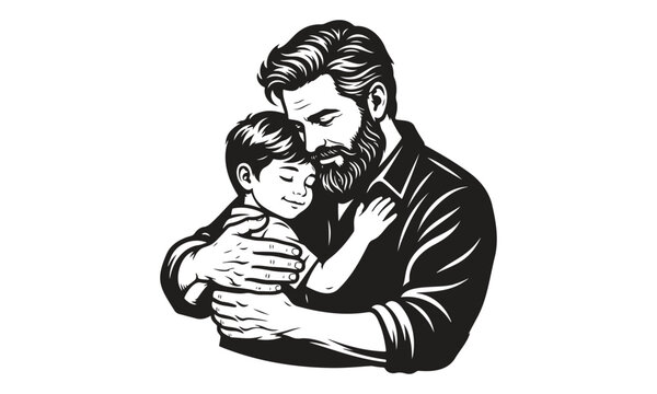 Bearded father embracing his young son in a tender moment of love and connection presented as a clean black and white vector graphic illustration suitable for modern family creative projects