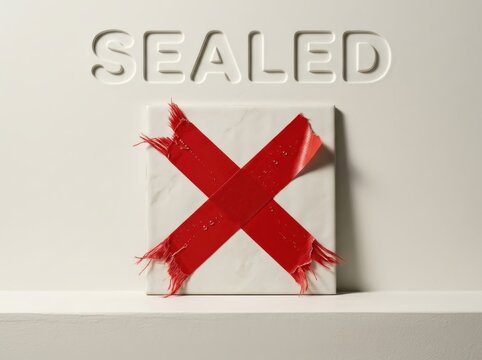 Restricted parcel with red tape and sealed label on neutral backdrop