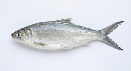 Fototapeta premium Fresh wild milkfish specimen display showing shimmering scales and natural body anatomy perfect for healthy seafood culinary concepts and nutritious dietary meal preparation in professional