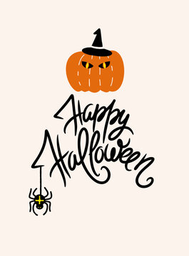 Happy Halloween Pumpkin with Witch Hat and Spider Illustration
