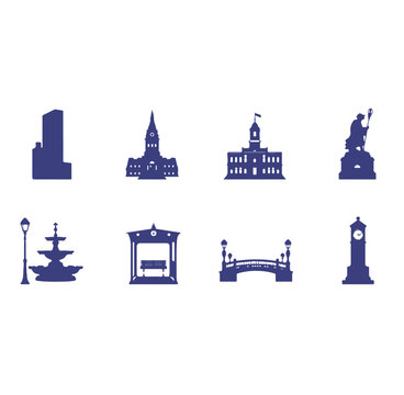 Set of blue city landmark icons featuring a skyscraper, building, statue, fountain, and bridge on a clean white background for