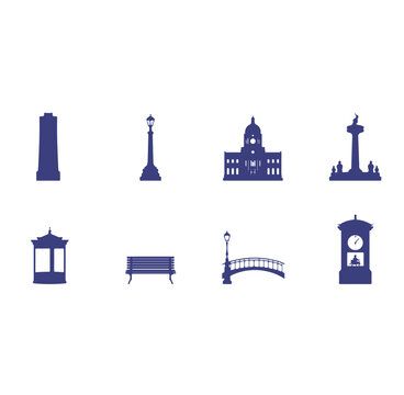 Set of blue city landmark icons featuring towers, a monument, a building, a bridge, and a clock on a clean white background for