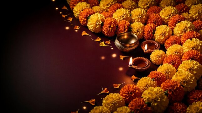 Glowing Diwali oil lamps create warm amber light and soft bokeh on a dark burgundy background with copy space