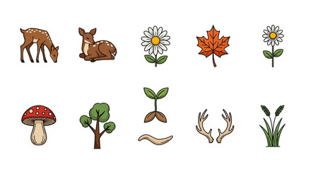 Obraz premium Collection of hand-drawn nature elements including deer, flowers, leaves, mushrooms, trees, and plants.