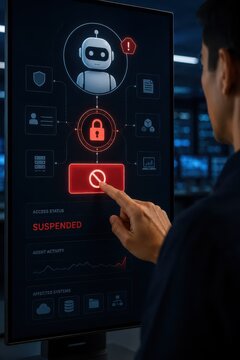Non-Human Identity concept shows Person interacting with digital security interface showing suspended access alert