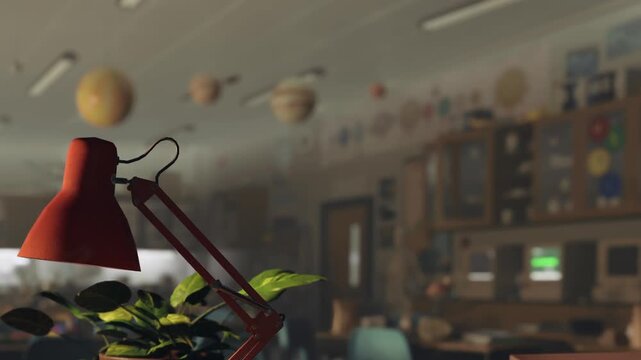 A red desk lamp sits on a table in a science classroom. The walls have educational materials, and planets hang from the ceiling. Students work at their desks during class time.