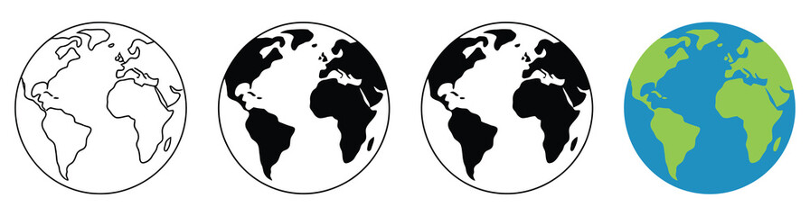Obraz premium Globe icons with Earth planet designs in line and flat styles representing global connectivity, geography, travel, communication, and worldwide
