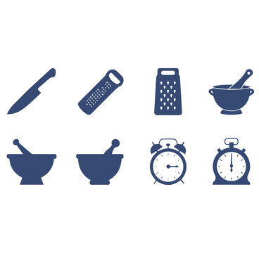 Set of blue kitchen icons including a chef knife, grater, colander, mortar and pestle, alarm clock, and timer on a white background
