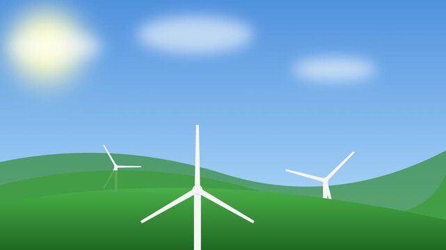 Animated Wind Turbines on Green Hills