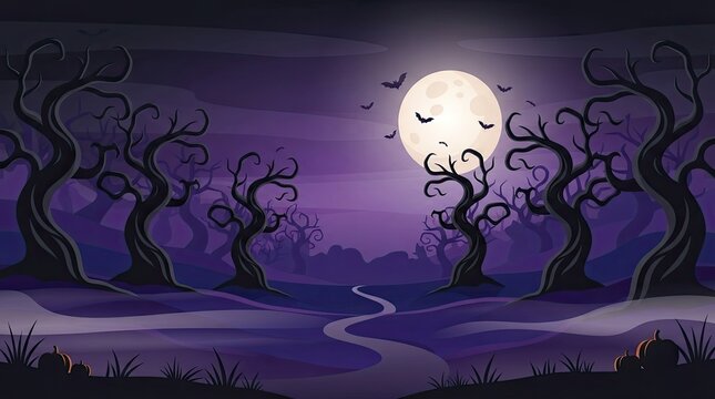 Spooky halloween landscape with a full moon glowing over a dark forest with bare trees at night