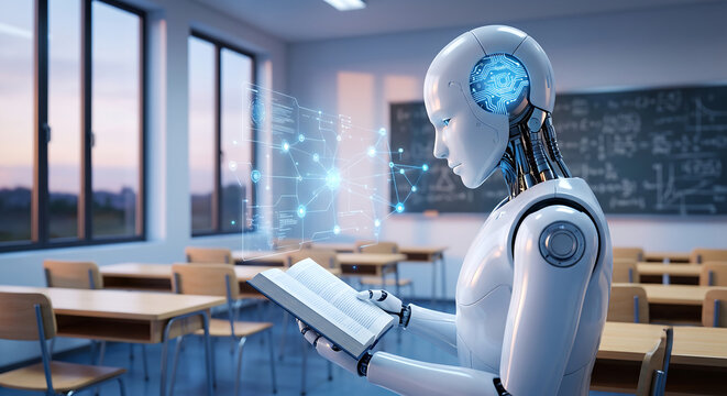 Concept of reading books by AI robot.