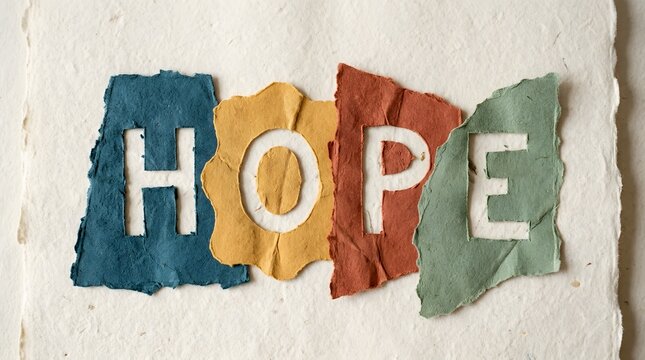 The word hope is beautifully hand painted in vibrant colorful brushstrokes across a textured white paper background offering an optimistic and inspiring visual message