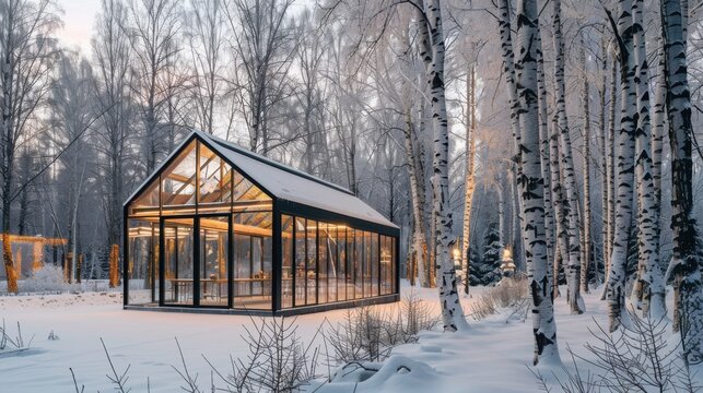 Modern glassandsteel greenhouse in snowy birch grove Canon EOS R5 shot 50mm f28 lens