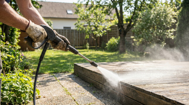 Powerful Pressure Washer Cleaning Wooden Deck Outdoors