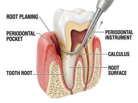 Root planing procedure on a tooth with periodontal instrument isolated on white background