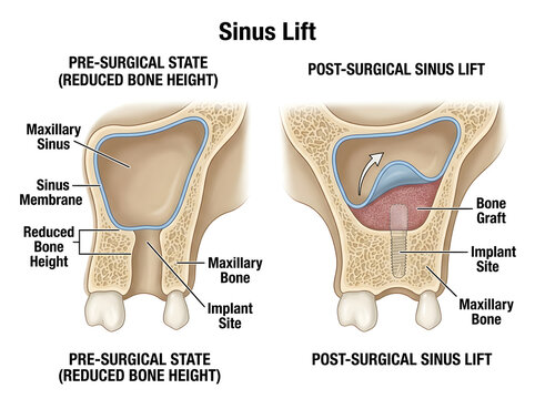 Sinus lift surgery before and after illustration isolated on white background