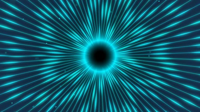 Glowing cyan light rays radiating from a central black hole tunnel vortex loop motion background animation for digital science fiction themes