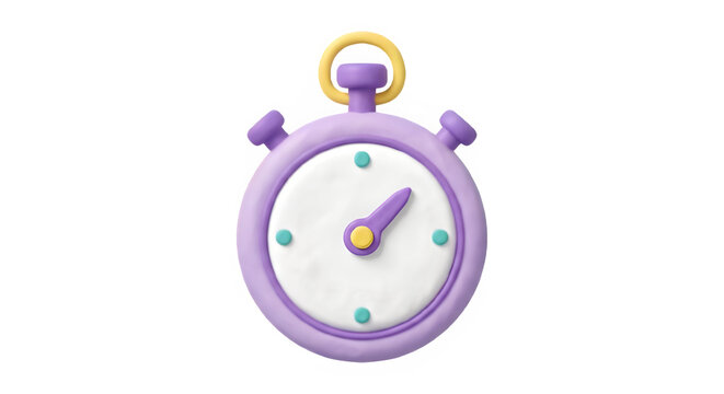 3D Purple Stopwatch Timer Isolated on White Background.
