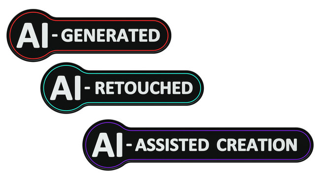 AI generated, AI retouched, and AI assisted creation badges set isolated on white background - 3D rendering