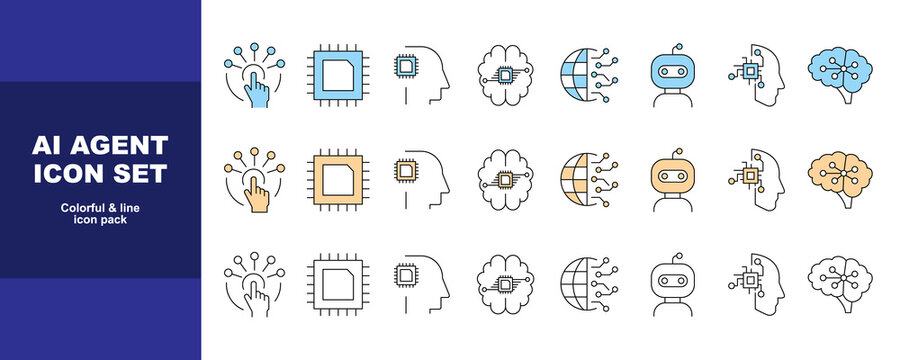 Ai agent icon set features modern colorful and line graphics for tech developers on transparent background.