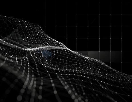 Abstract digital mesh on black background, undulating form with a grid pattern