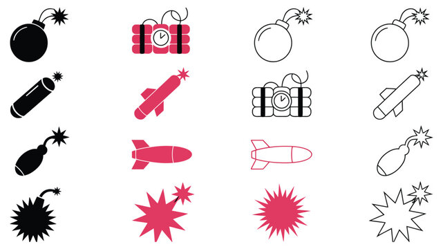 Military explosive bomb dynamite and naval mine icons showing line and glyph styles for gaming interface weapon graphics