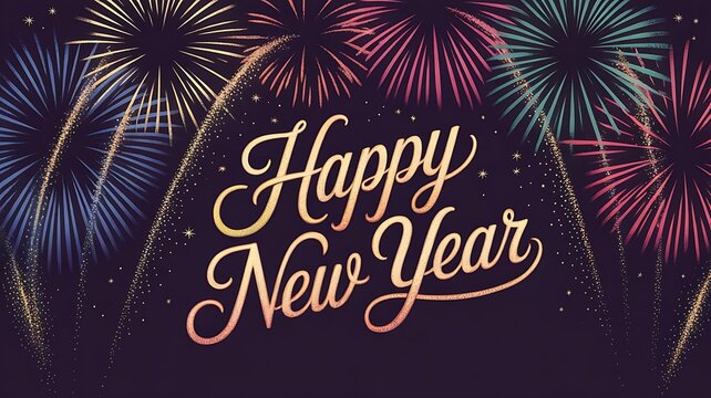 Happy new year colorful fireworks explosion with festive text