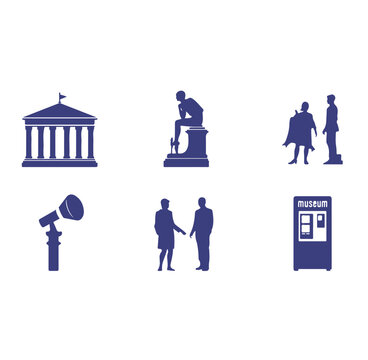 Set of blue silhouette icons showing a classical building, a thinker statue, two figures, a spotlight, and a ticket booth on black background
