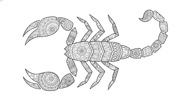 Ornate line drawing of a large scorpion decorated with intricate mandala floral patterns, designed for coloring books.