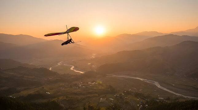Hang glider flying over mountains during sunset.