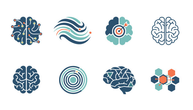 Set of human brain icons representing intelligence, creative thinking, mental health, cognitive psychology, and neuroscience concepts.