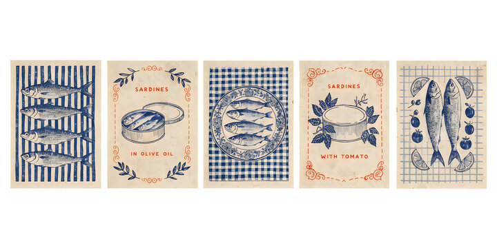Vintage sardine fish can labels and packaging illustrations set collection