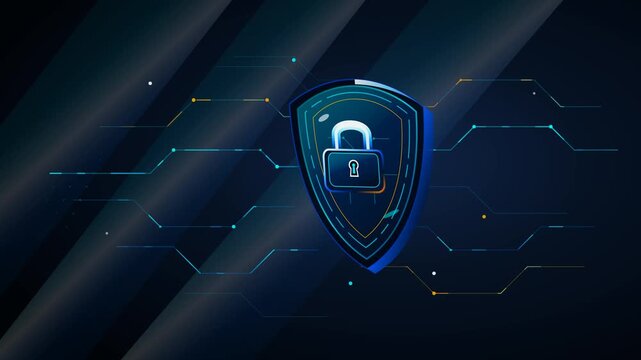 Digital shield with a padlock icon for computer data security and cyber protection technology
