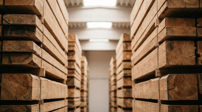 Wooden pallet timber stack warehouse aisle symmetric view of wooden pallet and timber stack warehouse aisle, with warm light and orderly