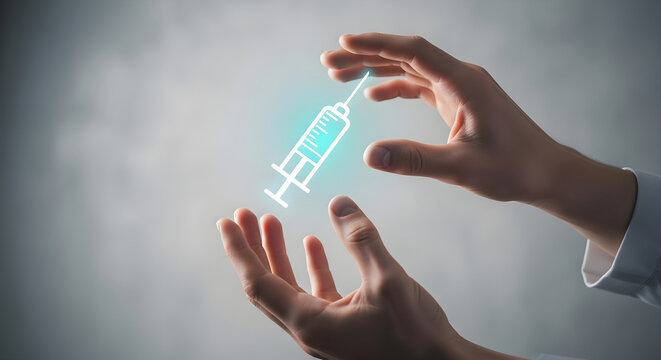 A doctor's hands holding a glowing syringe, symbolizing vaccination and medication.