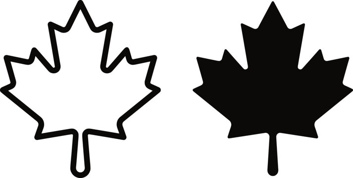 maple leaves icon set, black and white outline design. autumn foliage illustration for seasonal
