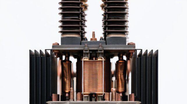 Close-up of industrial electrical transformer component with copper coils and ceramic insulators