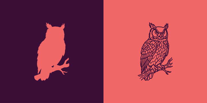 Horned owl illustration silhouette and detailed line art graphic design element