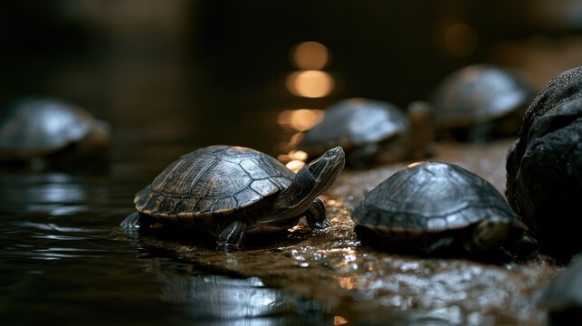 Group of turtles basking by the water edge with cinematic golden bokeh reflections at night