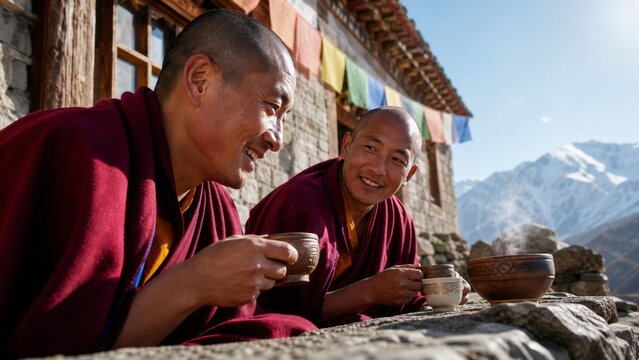 Two smiling asian buddhist monk drinking tea together outside monastery in mountain. Friendship and spiritual tradition. Himalayan culture and mindfulness concept.