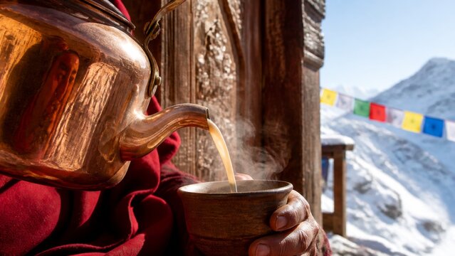 Two smiling asian buddhist monk drinking tea together outside monastery in mountain. Friendship and spiritual tradition. Himalayan culture and mindfulness concept.