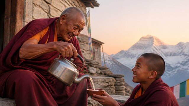 Two smiling asian buddhist monk drinking tea together outside monastery in mountain. Friendship and spiritual tradition. Himalayan culture and mindfulness concept.