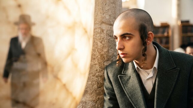 Young orthodox jewish man with traditional sidelock near stone pillar in synagogue. Religious identity and judaism faith concept. Spiritual tradition and cultural heritage
