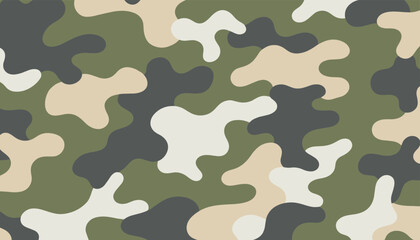 Fototapeta premium Seamless army camouflage texture pattern with green, beige, and dark grey blotches, representing military utility.